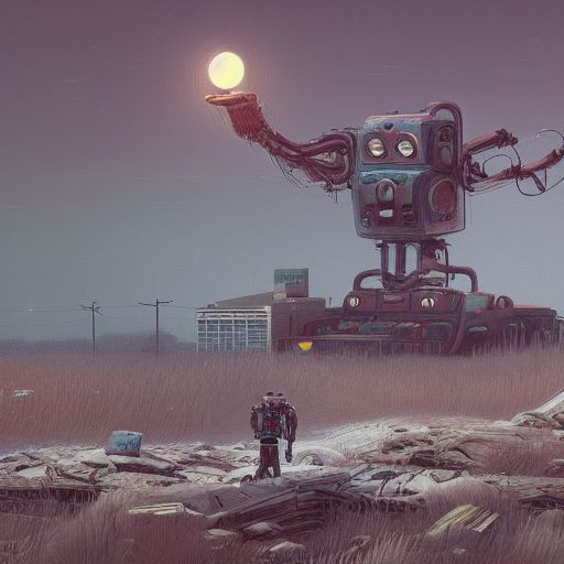 a landscape by simon stalenhag of a very large realistic highly detailed imposing robotic mechanical cat, stranded alone and roaming in the chaos across a depressing abandoned post - apocalyptic landscape, post - apocalyptic corrupted themes, artstation trending, beautiful art landscape, detailed simon stalenhag landscape