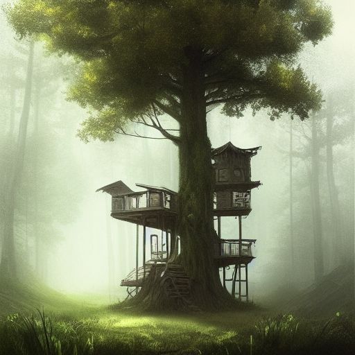 tree house in the forest, atmospheric, hyper realistic, epic composition, cinematic, landscape vista photography by Carr Clifton & Galen Rowell, 16K resolution, Landscape veduta photo by Dustin Lefevre & tdraw, detailed landscape painting by Ivan Shishkin, DeviantArt, Flickr, rendered in Enscape, Miyazaki, Nausicaa Ghibli, Breath of The Wild, 4k detailed post processing, artstation, unreal engine --ar 9:16