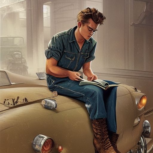 un art conceptual cinematogràfic èpic molt detallat CG renderització de pintura digital il·lustració disseny de vestuari: el jove James Dean com a mecànic ben cuidat en sabatilles verds i botes grans de la URSS dels anys 1950, llegint un llibre. De Greg Rutkowski, Ilya Kuvshinov, WLOP, Stanley Artgerm Lau, Ruan Jia i Fenghua Zhong, tendència a ArtStation, colors cinematogràfics apagats subtils, fets en Maya, Blender i Photoshop, renderització d'octà, excel·lent composició, ambient cinematogràfic, il·luminació cinematogràfica dinàmica i dramàtica, estètica, molt inspiradora, arthouse