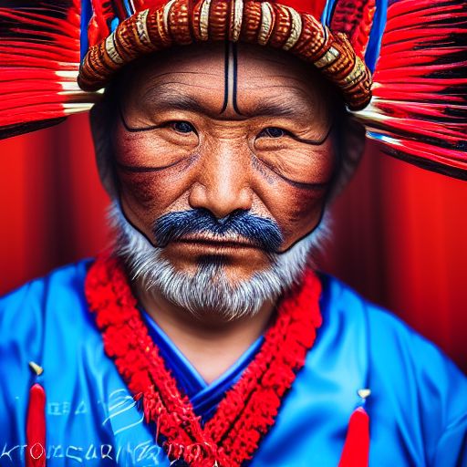 Prompt: foto de retrato de um velho chefe guerreiro asiático, maquiagem de pantera tribal, azul sobre vermelho, perfil lateral, olhando para longe, olhos sérios, fotografia de retrato de 50 mm, fotografia de iluminação de aro rígido --beta --ar 2:3 --beta - -upbeta --upbeta