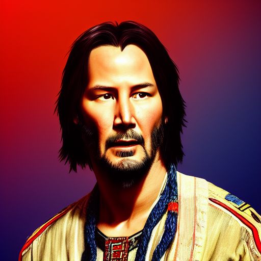 Prompt: Keanu Reeves portrait photo of a asia old warrior chief, tribal panther make up, blue on red, side profile, looking away, serious eyes, 50mm portrait photography, hard rim lighting photography--beta --ar 2:3 --beta --upbeta --beta --upbeta --beta --upbeta