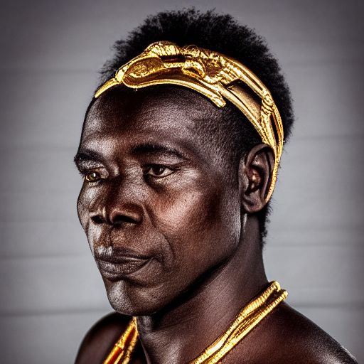Porträtfoto eines afrikanischen alten Kriegerhäuptlings, Stammes-Panther-Make-up, Gold auf Weiß, Seitenprofil, Wegsehen, ernste Augen, 50-mm-Porträtfotografie, Hard-Rim-Beleuchtungsfotografie – Beta – Ar 2:3 – Beta