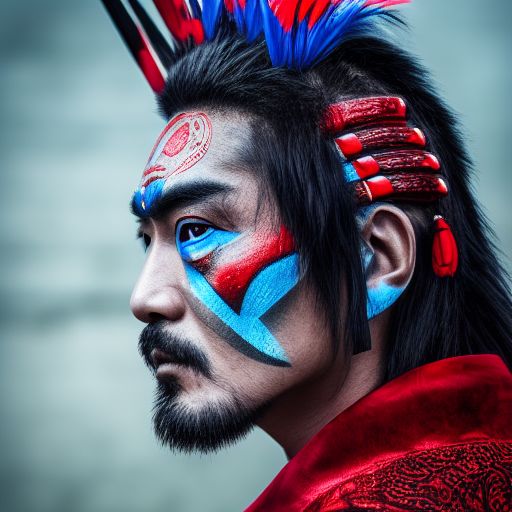 foto de perfil lateral de tiro médio do chefe guerreiro Takeshi Kaneshiro, maquiagem de pantera tribal, azul sobre vermelho, olhando para longe, olhos sérios, retrato de 50 mm, fotografia, fotografia de iluminação de aro rígido --ar 2:3 --beta --upbeta