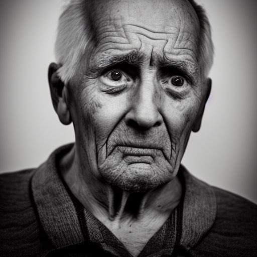 portretfoto van een oude man die huilt, Tattles, zittend op bed, meters in oren, wegkijkend, serieuze ogen, 50 mm portretfotografie, fotografie met harde randverlichting--beta --ar 2:3 --beta --upbeta