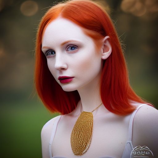 photo realistic portrait of young woman, red hair, pale, realistic eyes, gold necklace with big ruby, centered in frame, facing camera, symmetrical face, ideal human, 85mm lens,f8, photography, ultra details, natural light, dark background, photo, out of focus trees in background --ar 9:16 --testp --v 3 --upbeta