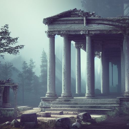 temple in ruines, forest, stairs, columns, cinematic, detailed, atmospheric, epic, concept art, Matte painting, background, mist, photo-realistic, concept art, volumetric light, cinematic epic + rule of thirds octane render, 8k, corona render, movie concept art, octane render, cinematic, trending on artstation, movie concept art, cinematic composition , ultra-detailed, realistic , hyper-realistic , volumetric lighting, 8k --ar 2:3 --test --uplight
