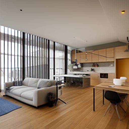 Innenarchitektur, offener Raum, Küche und Wohnzimmer, modulare Möbel mit Baumwolltextilien, Holzboden, hohe Decken, große Stahlfenster mit Blick auf eine Stadt