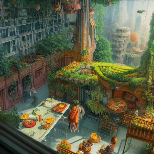 beautiful open kitchen in the style of elena of avalor overlooking aerial wide angle view of a solarpunk vibrant city with greenery, interior architecture, kitchen, eating space, rendered in octane, in the style of Luc Schuiten, craig mullins, solarpunk in deviantart, photorealistic, highly detailed, Vincent Callebaut, elena of avalor, highly detailed, --ar 16:9