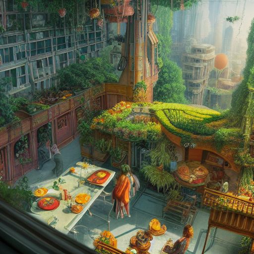 vackert öppet kök i stil med elena of avalor med utsikt vid luftvy över en solarpunk pulserande stad med grönska, inredningsarkitektur, kök, matplats, renderad i oktan, i stil med Luc Schuiten, craig mullins, solarpunk i deviantart, fotorealistisk , mycket detaljerad, Vincent Callebaut, elena of avalor, mycket detaljerad, --ar 16:9