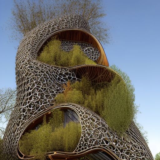 infinite hyperbolic intricate maze, futuristic eco warehouse made out of dead vines, glass mezzanine level, lots of windows, wood pallets, designed by Aesop, forest house surrounded by massive willow trees and vines, white exterior facade, in full frame, , exterior view, twisted house, 3d printed canopy, clay, earth architecture, cavelike interiors, convoluted spaces, hyper realistic, photorealism, octane render, unreal engine, 4k, --stylize 5000 --ar 1:2