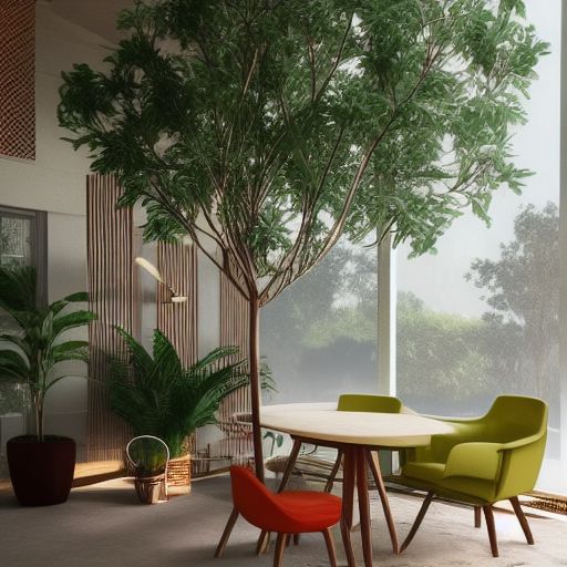
environment living room interior, mid century modern, indoor garden with fountain, retro,m vintage, designer furniture made of wood and plastic, concrete table, wood walls, indoor potted tree, large window, outdoor forest landscape, beautiful sunset, cinematic, concept art, sunstainable architecture, octane render, utopia, ethereal, cinematic light, --ar 16:9 --stylize 45000