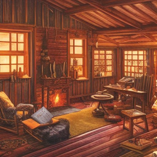 de woonkamer van een knus houten huis met open haard, 's avonds, interieur, d&d concept art, d&d behang, warme, digitale kunst. kunst door james gurney en larry elmore.