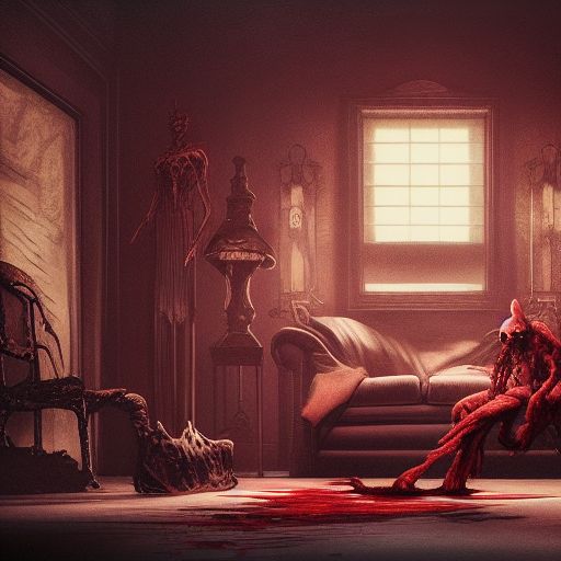 design de visão geral de interiores de sala de estar de casa de terror escura e aterrorizante, demônio com olhos vermelhos está parado no canto Moebius, Greg Rutkowski, Zabrocki, Karlkka, Jayison Devadas, Phuoc Quan, tendência no Artstation, 8K, ângulo ultra amplo, efeito de lente almofada de alfinetes.