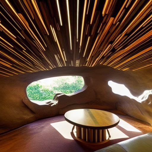 interior design, frank lloyd wright house cave with forest canopy, dark wood, streaks of light, light fog, living room :: bubbletech --test --ar 9:16