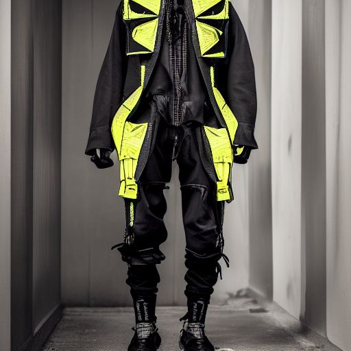 Cyberpunk-Techwear-Streetwear-Look und -Kleidung, wir können sie von den Füßen bis zum Kopf sehen, hochdetailliert und kompliziert, goldener Schnitt, wunderschöne leuchtende Farben, hypermaximalistisch, futuristisch, Cyberpunk-Kulisse, Luxus, Elite, filmisch, Techwear-Mode, Errolson Hugh, Sacai, Nike ACG, Yohji Yamamoto, Y3, ACRNYM, matte Malerei --w 2176 --h 3840 --iw 1