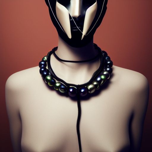 a beautiful futuristic portrait covered by mask made of wires and black pearl, necklace made by silk and wires twisted around neck, design by leonardo davinci, inspired by egon schiele, modern art, baroque art jewelry, new classic, fashion design, photorealistic, hyper realistic, cinematic composition, cinematic lighting, fashion design, concept art, hdri, 4 k -