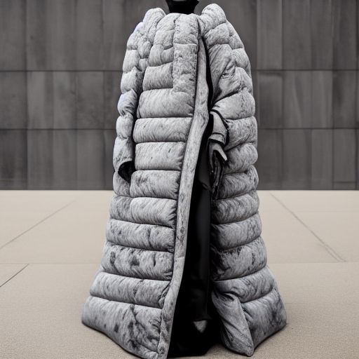 beautifully lit fashion portrait of black female marble statue with symmetrical face, the statue is wearing huge oversize quilted flowing floor length long puffer jacket by balenciaga, yeezy, y 3, yohji yamamoto, comme de garcon, rei kawakubo, drape, sharp focus, clear, detailed,, romantic, brutalist concrete architecture in the background, detailed, white, soft, symmetrical, vogue, editorial, fashion, magazine shoot, glossy