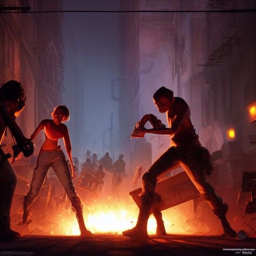 a battle in the ruined streets at night between 3 d pixar disney zombies and 3 d heroic survivor in the style of pixar walkind dead, being lit by fireflames, medium shot, studio ghibli, pixar and disney animation, sharp, rendered in unreal engine 5, anime key art by greg rutkowski, bloom, dramatic lighting
