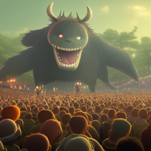 Eine gesunde Animations-Key-Shot eines Band-Giganten, der auf der Bühne auftritt, mittlere Aufnahme, Studio Ghibli, Pixar- und Disney-Animation, 3 d, scharf, gerendert in Unreal Engine 5, Anime-Key-Art von Greg Rutkowski, Blüte, dramatische Beleuchtung