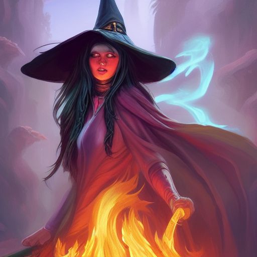 A sorceress with a witch hat casting a fire ball, beautiful painting, detailed illustration, digital art, overdetailed art, concept art, full character, character concept, long hair, full body shot, highly saturated colors, fantasy character, detailed illustration, hd, 4k, digital art, overdetailed art, concept art, Dan Mumford, Greg rutkowski, Victo Ngai
