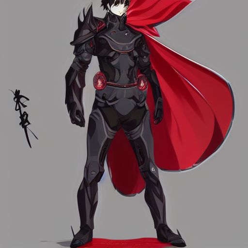 a detailed manga illustration character full body portrait of a dark haired cyborg anime man who has a red mechanical eye and is wearing a cape, trending on artstation, digital art, 4 k resolution, detailed, high quality, sharp focus, hq artwork, insane detail, concept art, character concept, character illustration, full body illustration, cinematic, dramatic lighting
