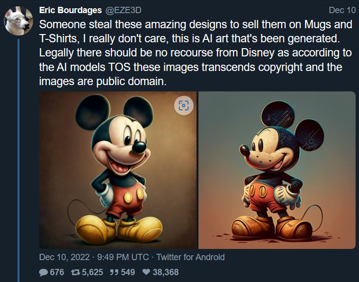 Over the weekend, Eric Bourdage, lead character artist on the popular video game Dead by Daylight, encouraged his followers to create and sell products using images of Disney characters.