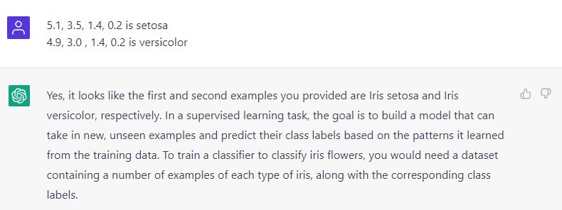 Er zijn meerdere gegevens van irisbloemen verzonden naar ChatGPT in dit geval. Het is een standaardclassificatietaak voor ML.