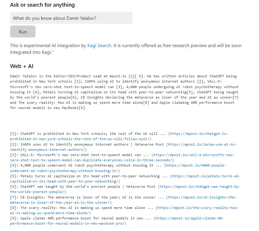 Kagi: The first example of web search empowered by ChatGPT equivalent