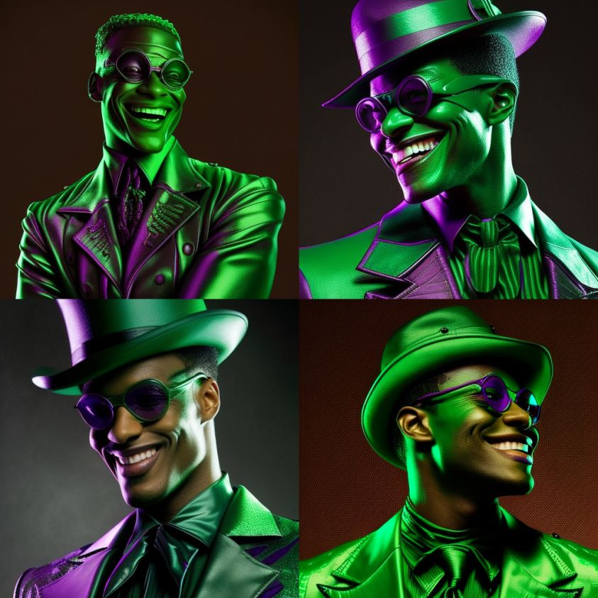 Chris Tucker en tant que Riddler, vêtu d'un costume de Riddler vert du film Batman Forever, masque vert, grand, maigre, riant à la caméra, rétro-éclairage violet, photoréaliste, 8k, - v 5