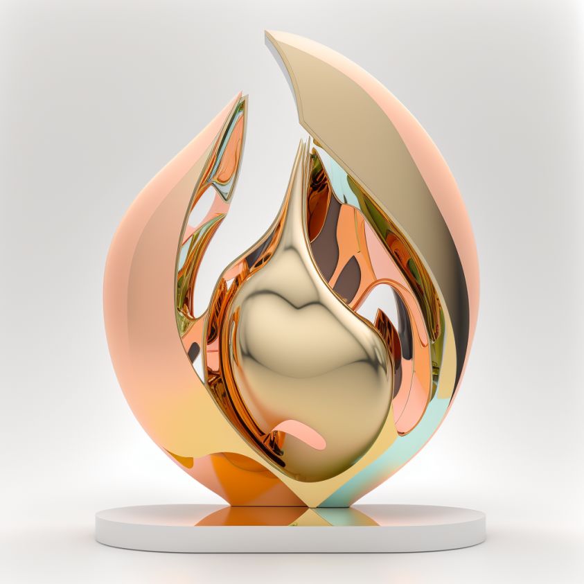 peach, sculpture, abstract, mirrored stainless steel material, pure white background, 8K