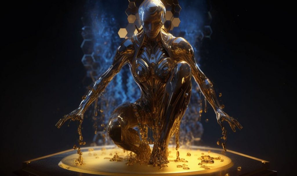 sophisticated decoration, crusty liquid oil terragenerated mystic female oracle, insectious beehive dripping honey, cinematic hero pose, dynamic golden lighting, sensory overload, epic high quality, filigree hexagon --ar 5:3 --v 5