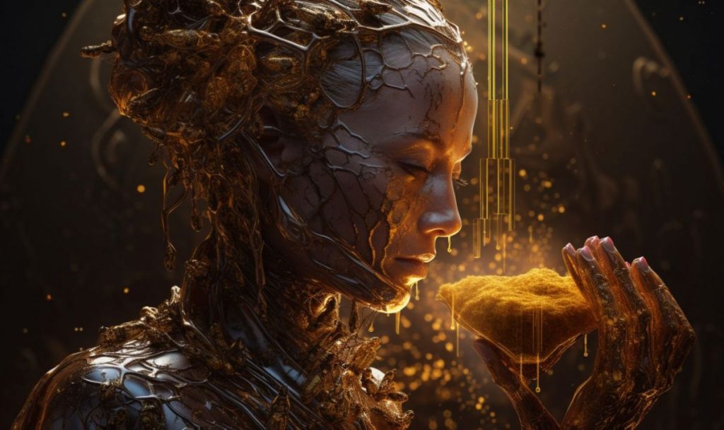 sophisticated decoration, crusty liquid oil terragenerated mystic female oracle, insectious beehive dripping honey, cinematic hero pose, dynamic golden lighting, sensory overload, epic high quality, filigree hexagon --ar 5:3 --v 5