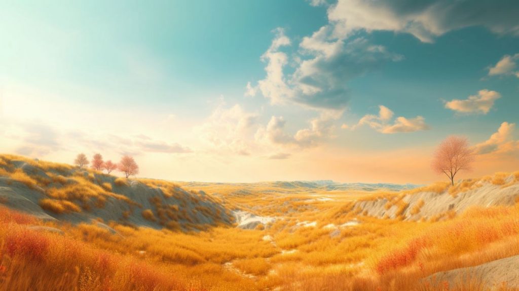 Paysage d'été arcadien élyséen, photographie brute 8K, fortement inspirée par Johfra, mandarine, safran et teintes dorées, ciel bleu clair avec jaune doux, mystique, symbolisme, surréaliste, hyperréalisme, --ar 16:9 --q 2 -- v 5