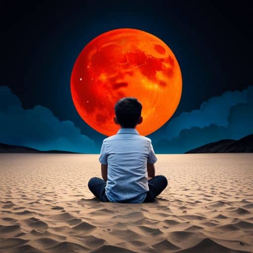 Слика дечака који седи под црвеним месецом