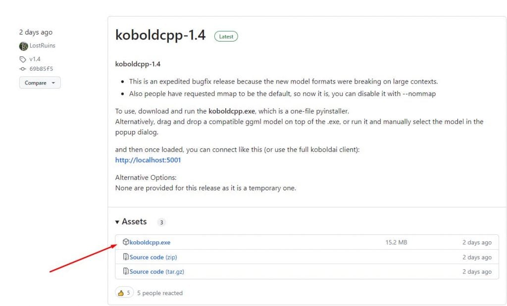 Innanzitutto, scarica il file koboldcpp.exe da GitHub. Windows può mettere in guardia contro i virus, ma questa è una percezione comune associata al software open source.