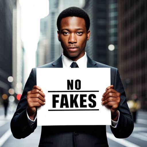 Prompt: photo of a gentleman holding a white paper that says “No Fakes”