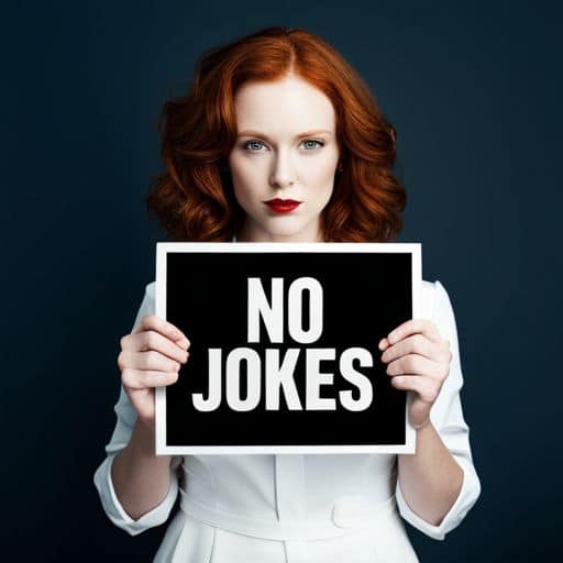 Photo of a redheaded woman holding a black sign with white fonts that says "No Jokes"