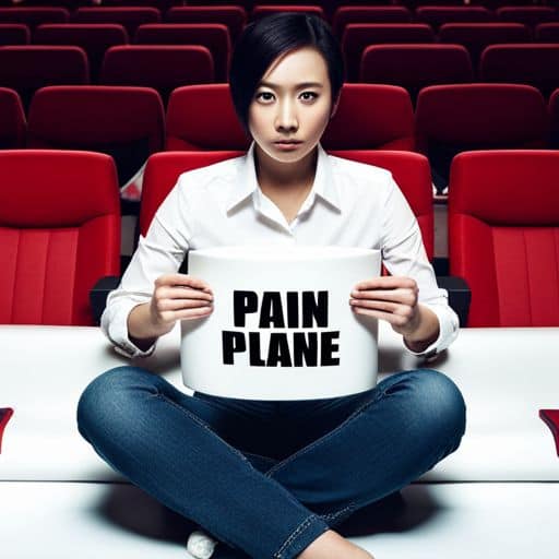 Prompt: Photo of a chinese woman sitting in a cinema holding a plate with the word "Pain and Plane" written on it.