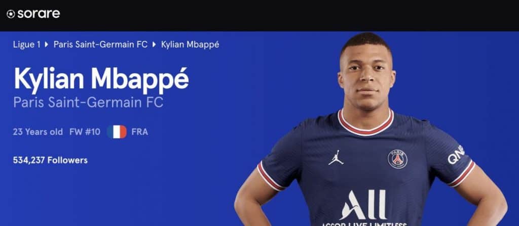 Screenshot of Kylian Mbappe's page at sorare.com