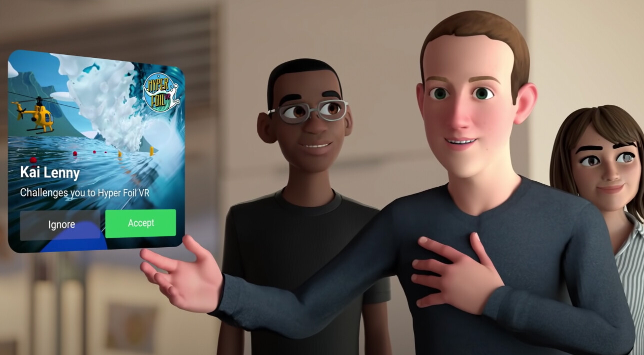 A Metaverse avatar of Mark Zuckerberg demonstrating communication in VR