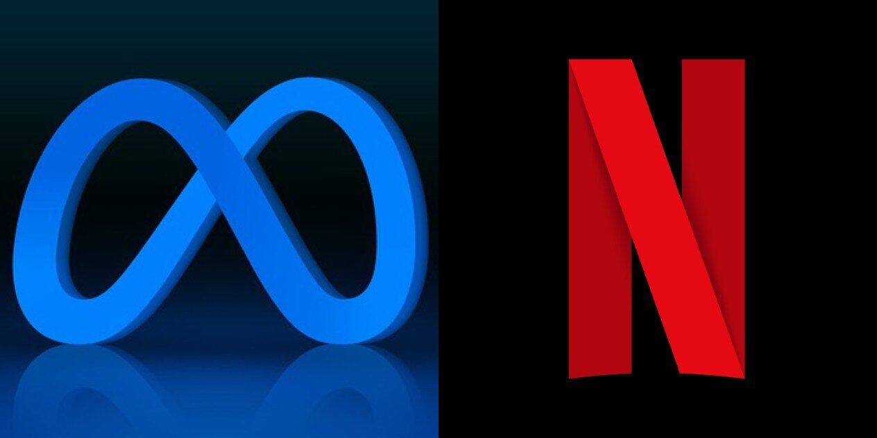 Логото на Meta отляво, логото на Netflix отдясно