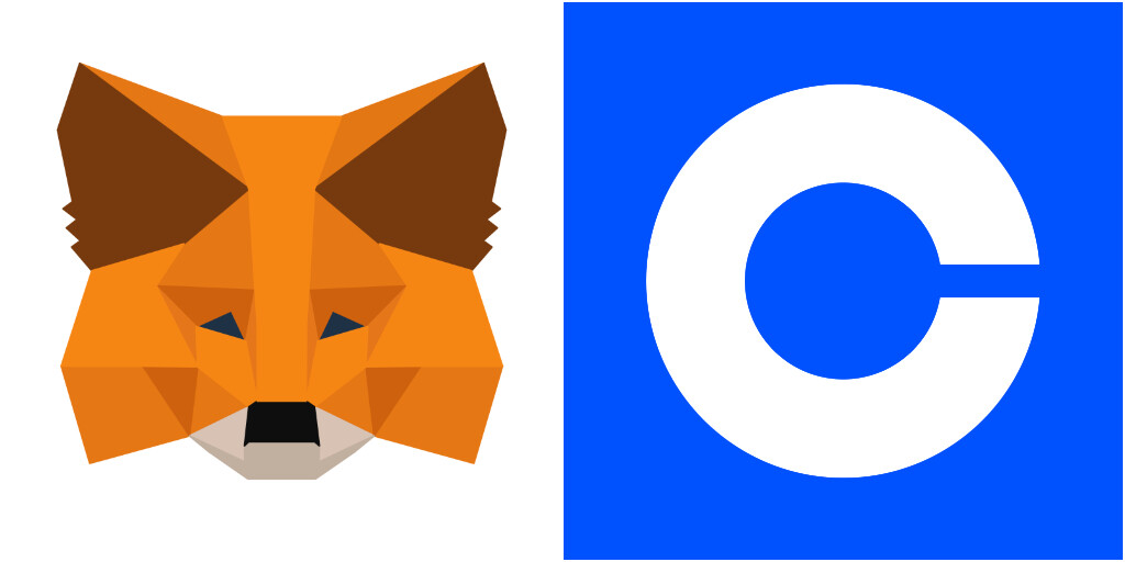 Left: The Metamask fox logo; Right: Coinbase C logo