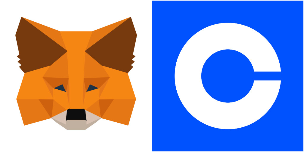 Vasemmalla: Metamask-ketun logo; Oikealla: Coinbase C -logo