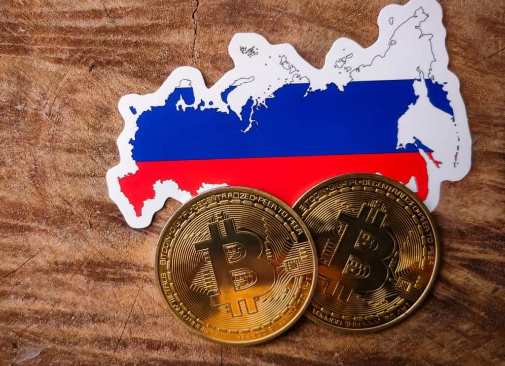 Russia outline flag colors and BTC symbol