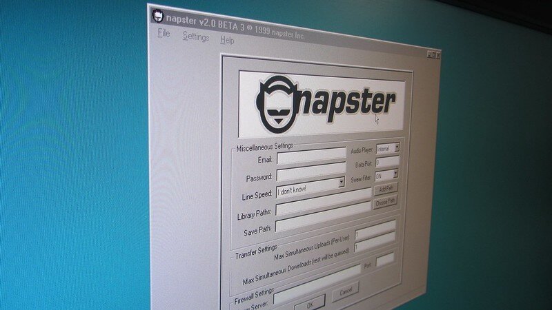 Image at angle of Windows 98 featuring Napster music sharing software