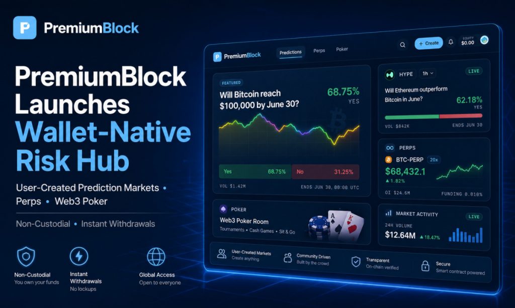 PremiumBlock เปิดตัว Non-Custodial Risk Hub สำหรับตลาดทำนายผล, Perps และ Web3 Poker ที่สร้างโดยผู้ใช้