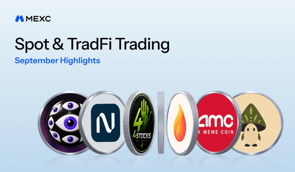 Current image: Trading dashboard showing MEXC’s September metrics: 77% new‑token volume growth, 81% rise in tokenized U.S. stock trading, and Stock Meme tokens leading top‑10 rankings. Graphs highlight month‑over‑month changes and market share distribution.